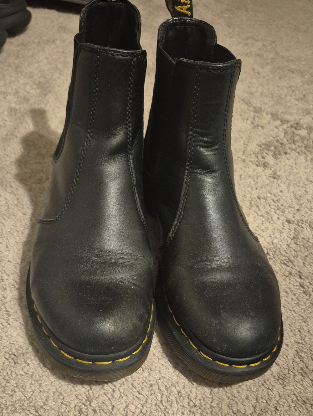 Womens Size 11, Black Leather Chelsea Boots with Yellow Stitching